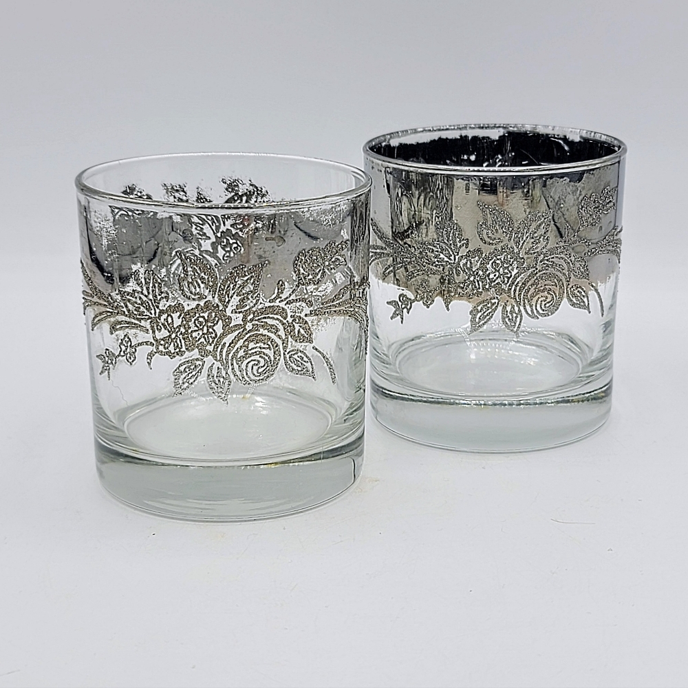 Vitreon Queens Toscany Double Rocks Glasses Set of 2 Silver Floral Band Vintage